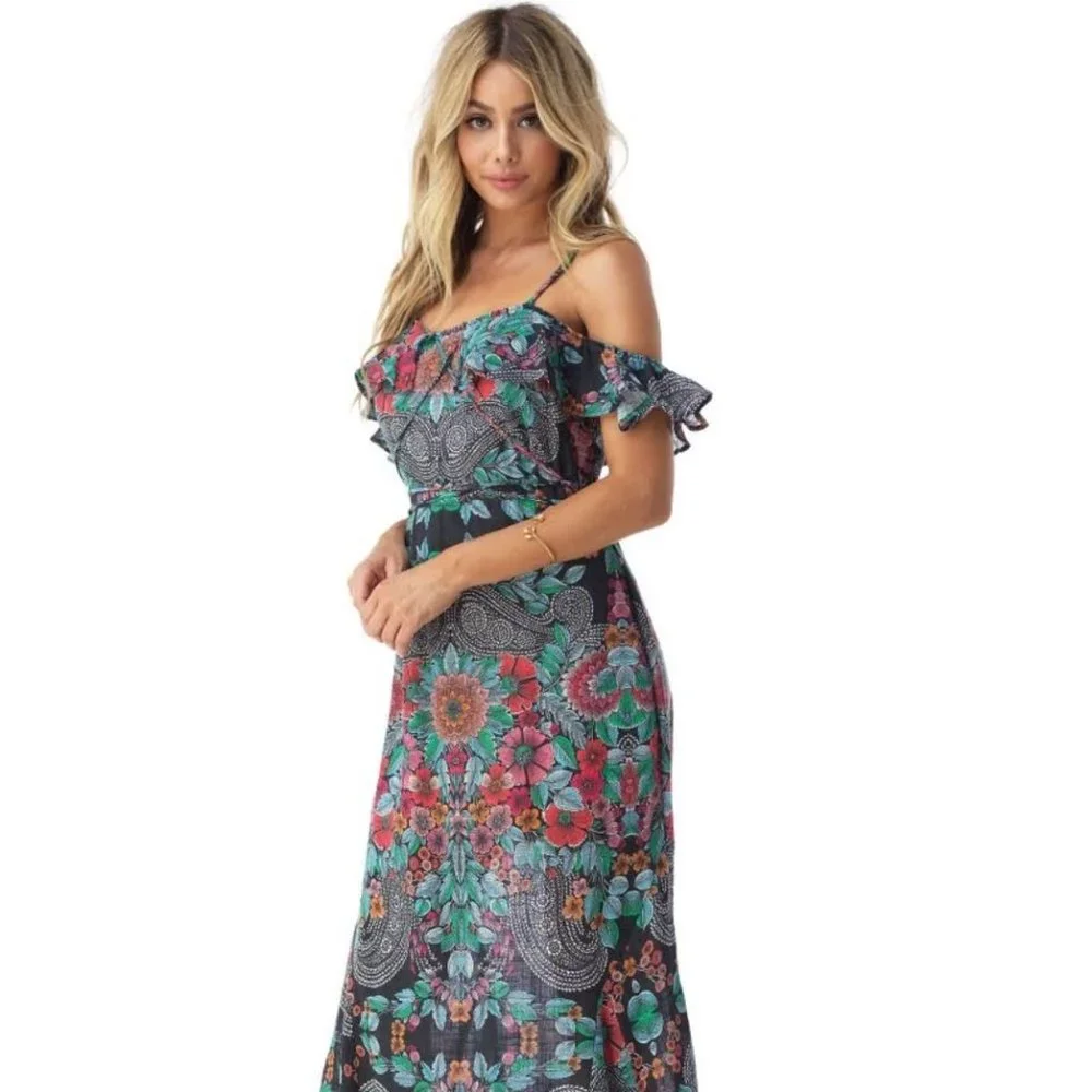 Sky Nesermy Beautiful Floral & Paisley Off the Shoulder Ruffle Top Maxi Dress - Picture 3 of 16